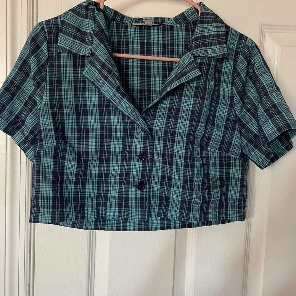 Plaid Shirt Women Crop Top Streetwear Short Sleeve.